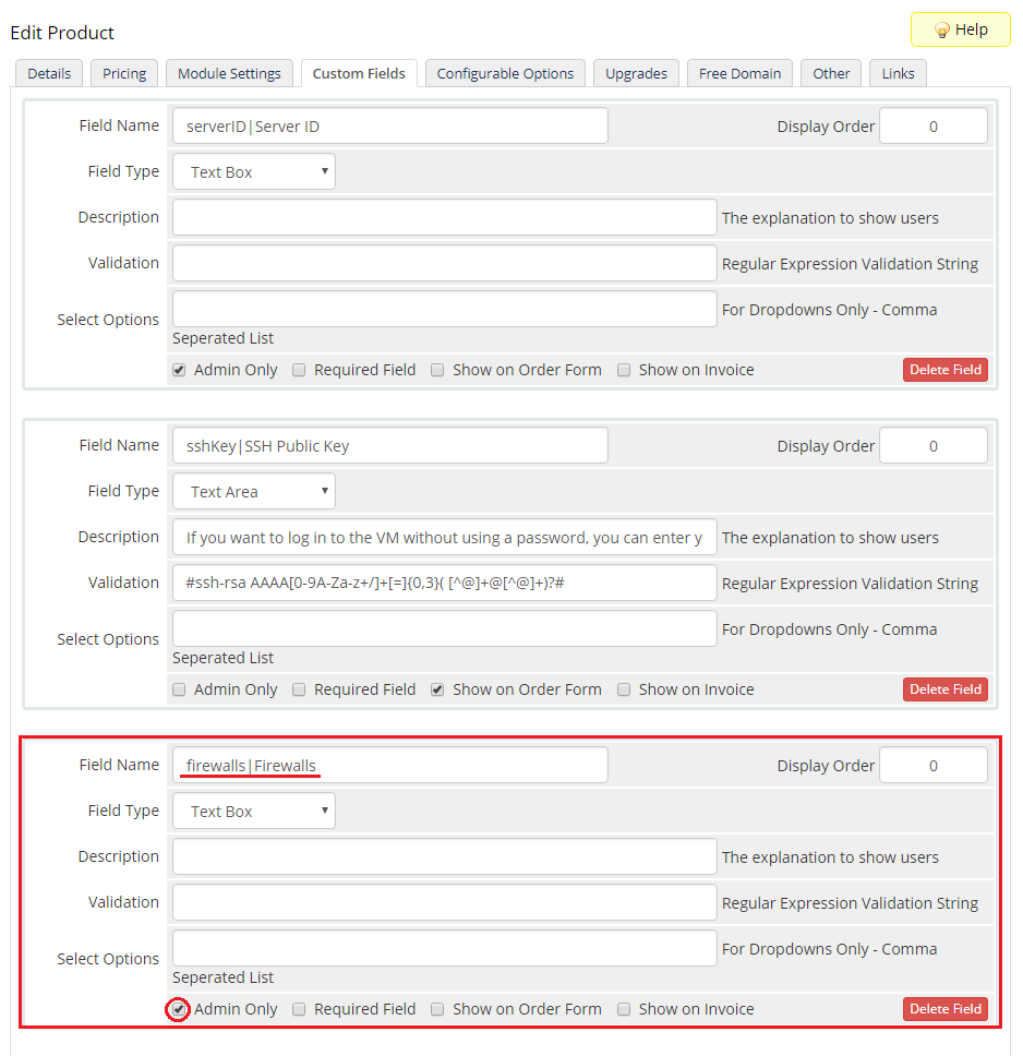 DigitalOcean Droplets For WHMCS: product Custom Fields tab with the firewalls field marked as Admin Only
