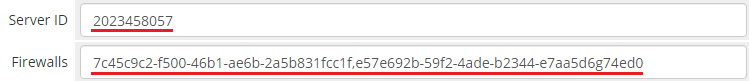 DigitalOcean Droplets For WHMCS: WHMCS admin product fields Server ID and Firewalls filled in for an imported Droplet