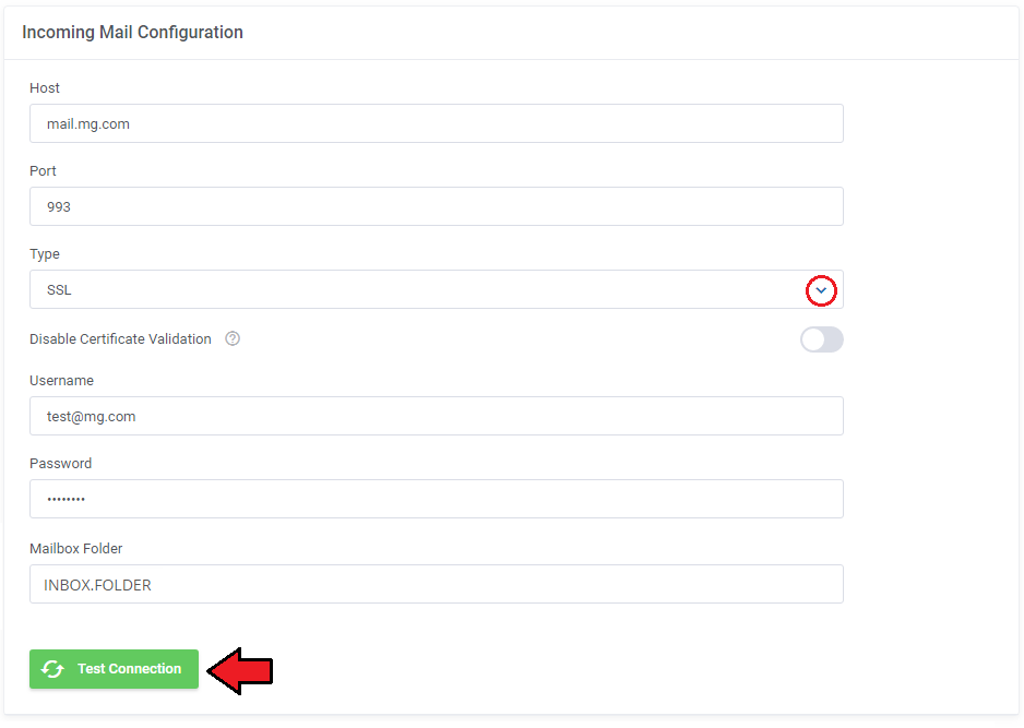 DigitalOcean Droplets For WHMCS: module settings Incoming Mail Configuration section with the Test Connection button