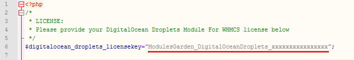 DigitalOcean Droplets For WHMCS: license.php file open in an editor with the license key line highlighted