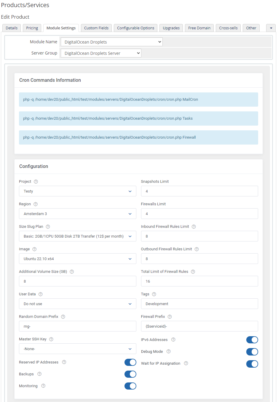 DigitalOcean Droplets For WHMCS: product Module Settings tab with cron commands and Droplet configuration options