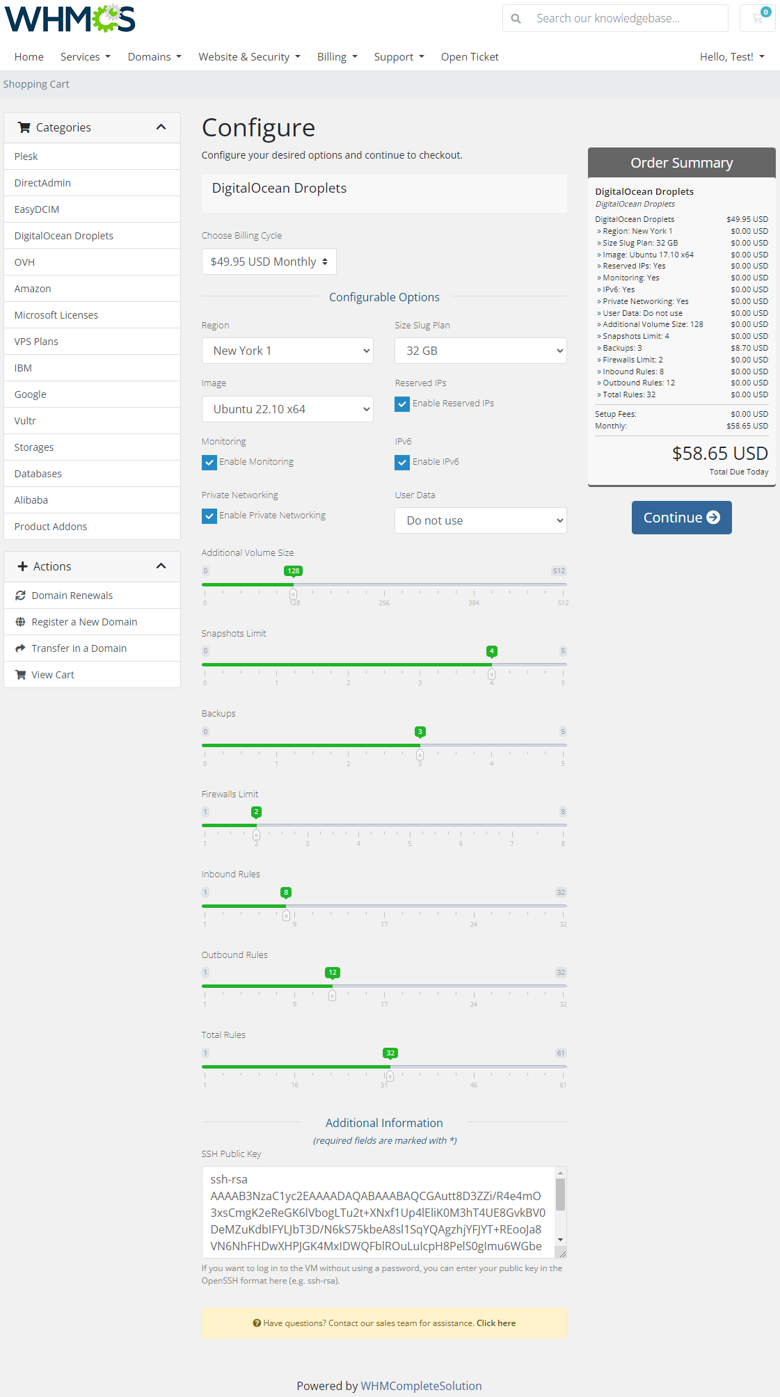 DigitalOcean Droplets For WHMCS: order form Configure page with options, order summary and an SSH public key field