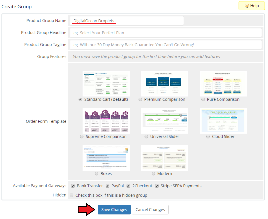 DigitalOcean Droplets For WHMCS: WHMCS Create Group form with the product group name and Save Changes button
