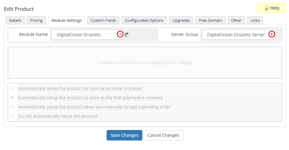 DigitalOcean Droplets For WHMCS: product Module Settings tab with the module name and server group selected