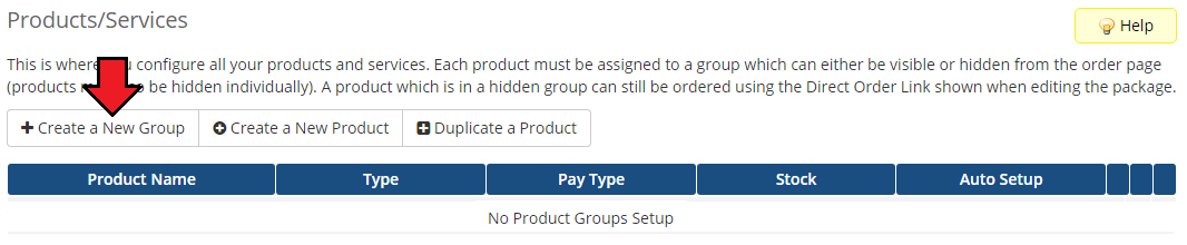 DigitalOcean Droplets For WHMCS: WHMCS Products/Services page with the Create a New Group button