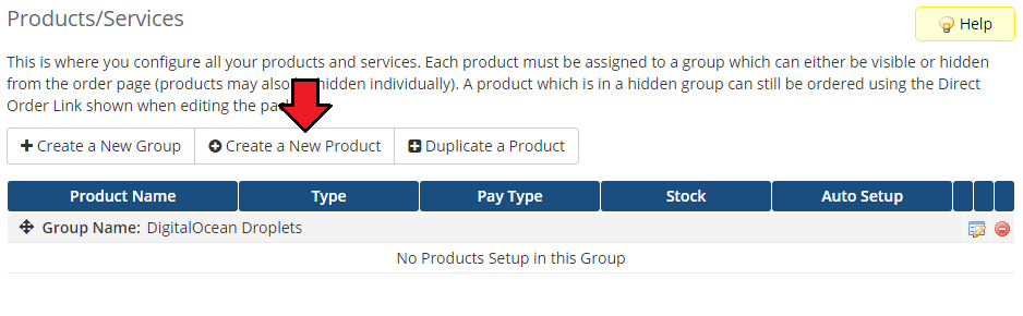 DigitalOcean Droplets For WHMCS: WHMCS Products/Services page with the Create a New Product button