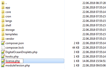 DigitalOcean Droplets For WHMCS: module folder listing with licenseRENAME.php renamed to license.php
