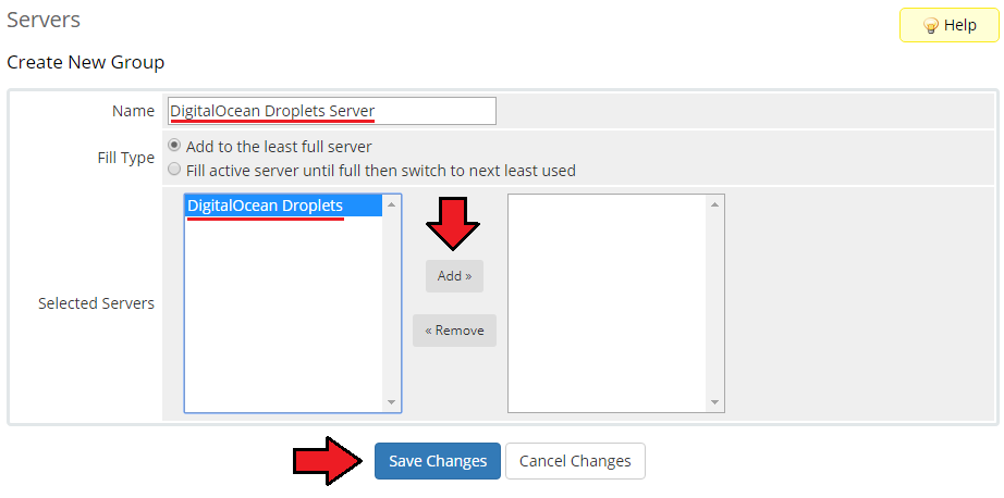 DigitalOcean Droplets For WHMCS: WHMCS Create New Group form with the DigitalOcean server added to the group