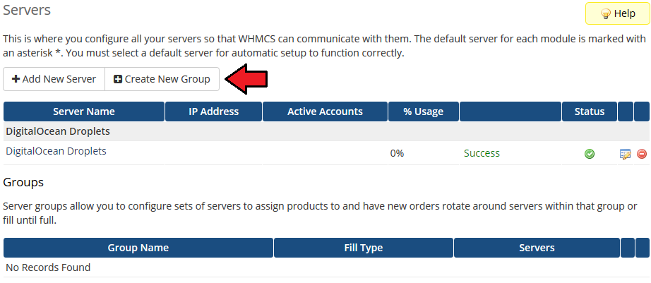 DigitalOcean Droplets For WHMCS: WHMCS Servers page with the Create New Group button
