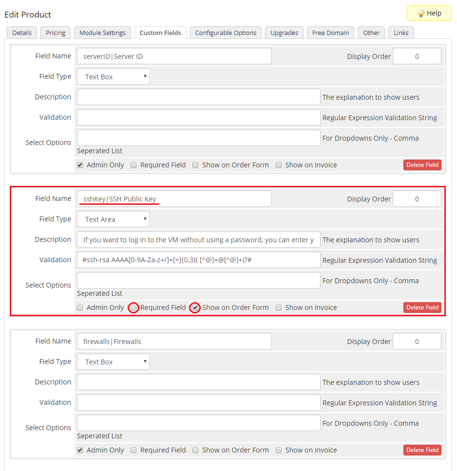 DigitalOcean Droplets For WHMCS: product Custom Fields tab with the sshKey field and its Show on Order Form option