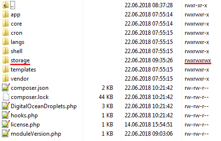 DigitalOcean Droplets For WHMCS: module folder listing with the storage folder set to writable permissions rwxrwxrwx