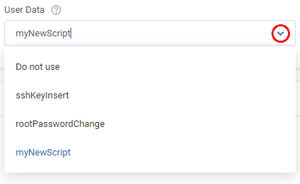 DigitalOcean Droplets For WHMCS: module settings User Data dropdown listing the available user data scripts