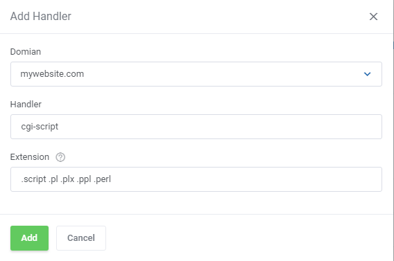 DirectAdmin Extended For WHMCS: Add Handler dialog with domain, handler name and file extensions fields