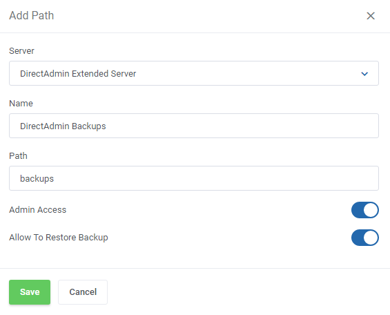 DirectAdmin Extended For WHMCS: Add Path form with server, name and backup directory path