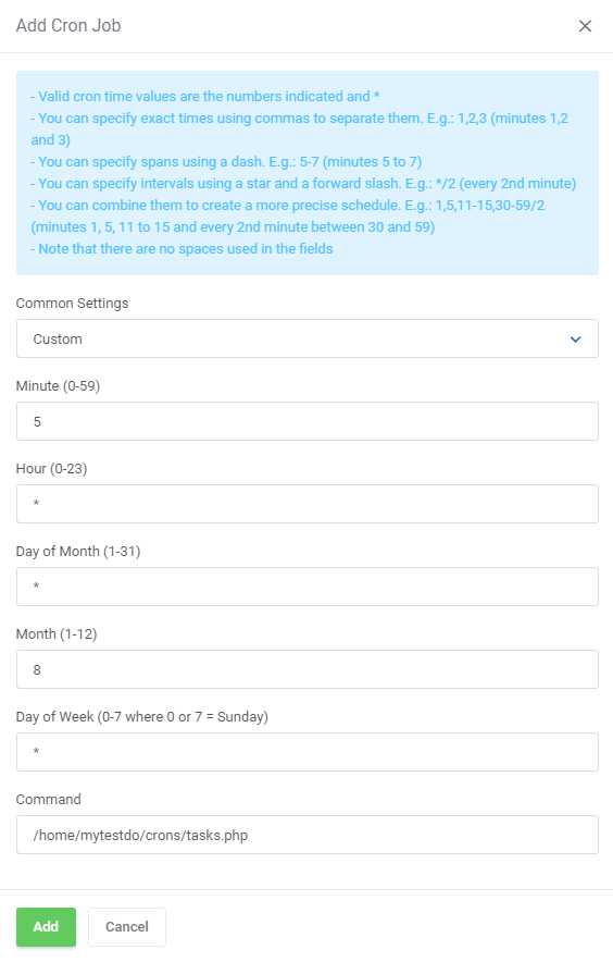 DirectAdmin Extended For WHMCS: Add Cron Job dialog with common settings, schedule fields and the command to run