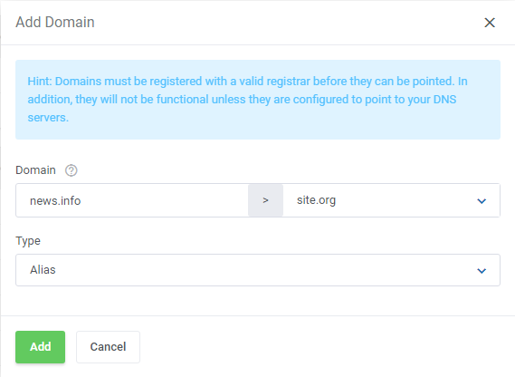DirectAdmin Extended For WHMCS: Add Domain dialog for a domain pointer with source domain, target domain and Alias type