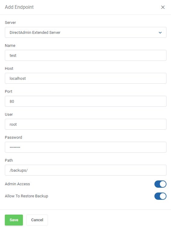 DirectAdmin Extended For WHMCS: Add Endpoint form with server, host, port, user, password and path