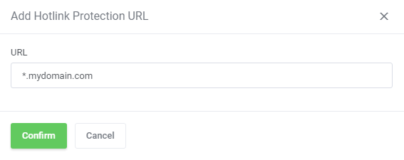 DirectAdmin Extended For WHMCS: Add Hotlink Protection URL dialog with a URL field and the Confirm button