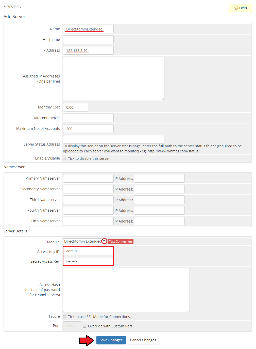 DirectAdmin Extended For WHMCS: Add Server form with name, IP address, module and access credentials