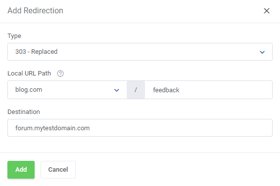 DirectAdmin Extended For WHMCS: Add Redirection form with redirection type, local URL path and destination fields