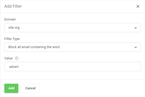 DirectAdmin Extended For WHMCS: Add Filter dialog with domain, filter type and value fields for blocking words