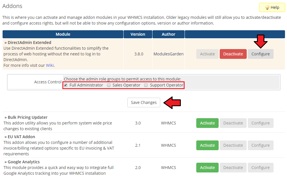 DirectAdmin Extended For WHMCS: Configure panel with admin role groups for access control and Save Changes