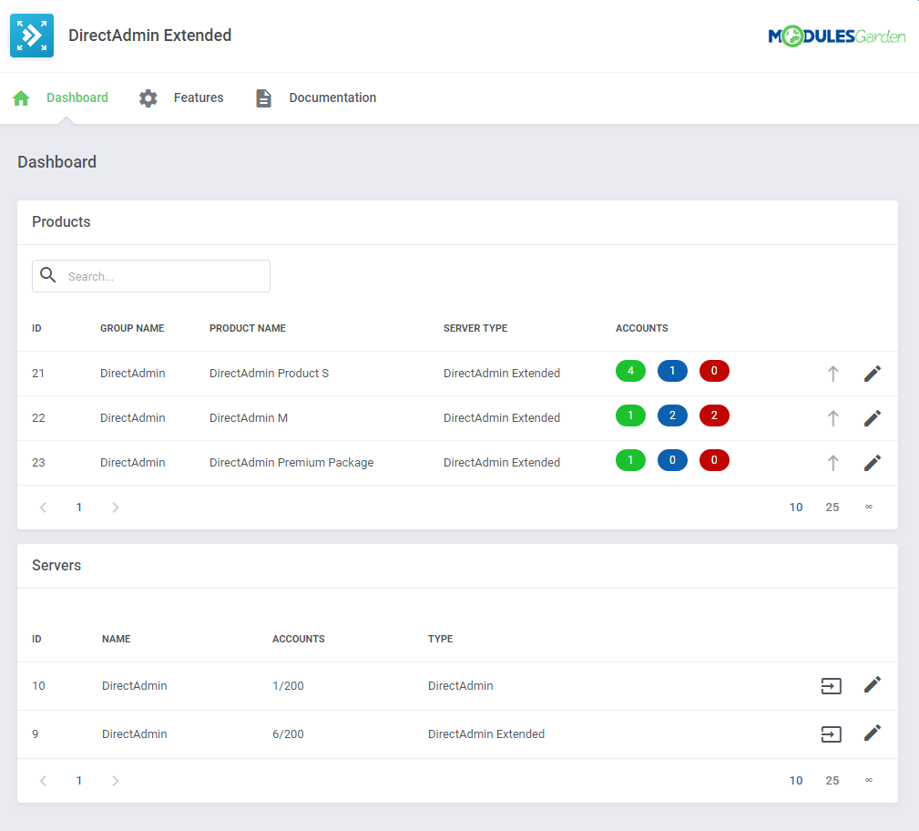 DirectAdmin Extended For WHMCS: addon Dashboard with the Products and Servers tables