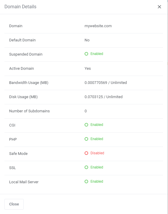 DirectAdmin Extended For WHMCS: Domain Details window with usage, CGI, PHP, SSL and mail server status