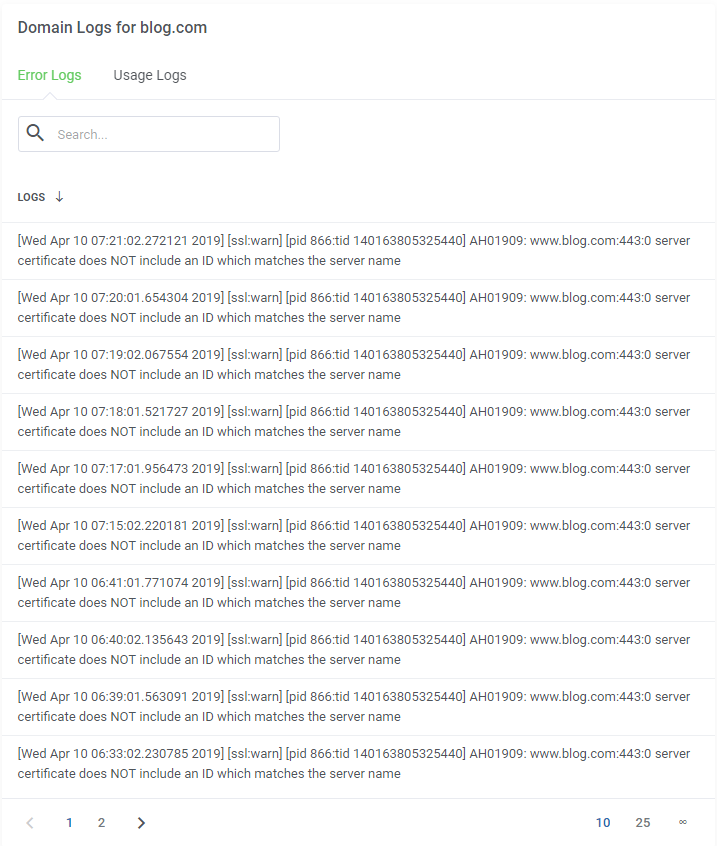 DirectAdmin Extended For WHMCS: Domain Logs window with the Error Logs and Usage Logs tabs