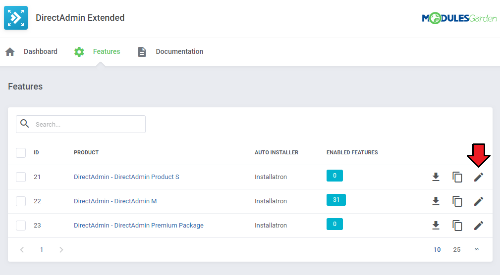 DirectAdmin Extended For WHMCS: addon Features tab listing products with the edit button