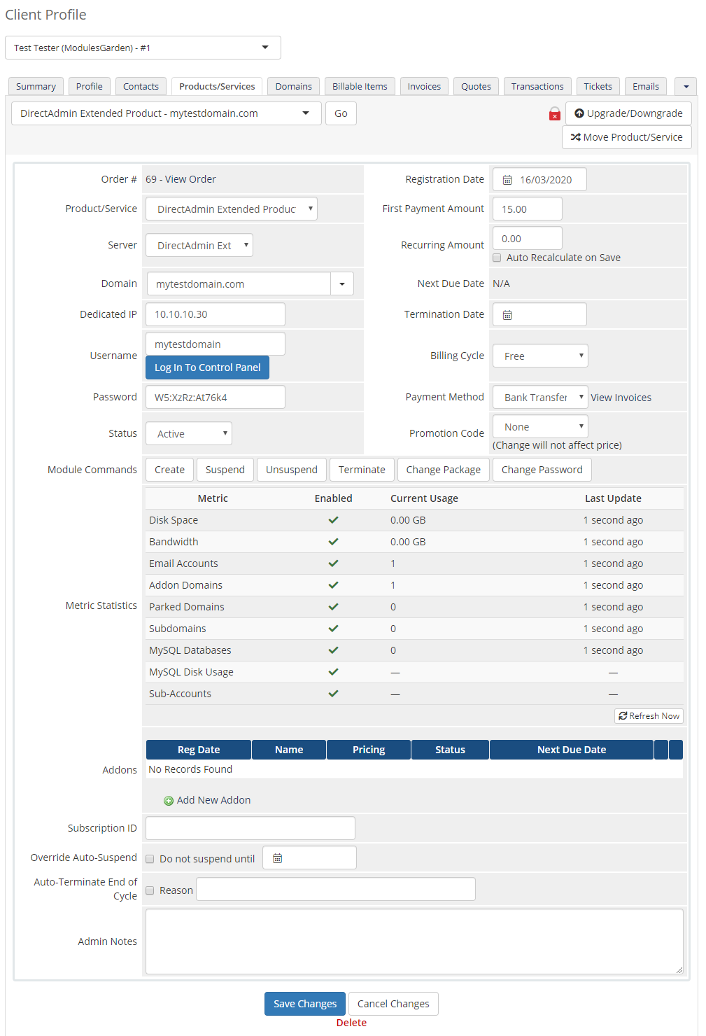 DirectAdmin Extended For WHMCS: WHMCS admin client profile with product details and module commands