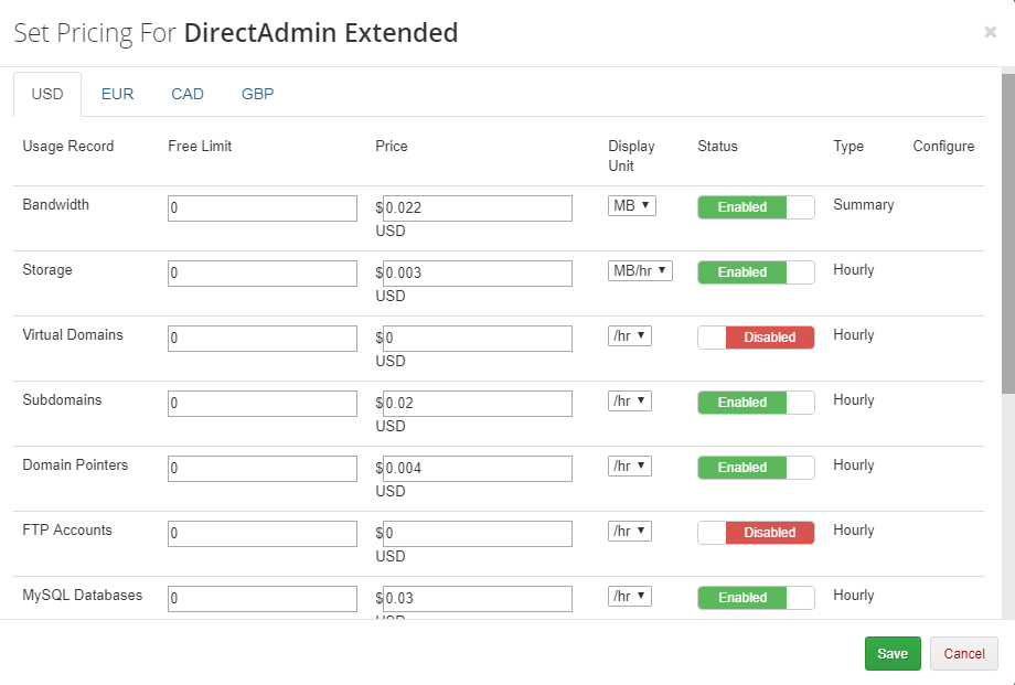 DirectAdmin Extended For WHMCS: WHMCS Set Pricing window with usage record prices and free limits
