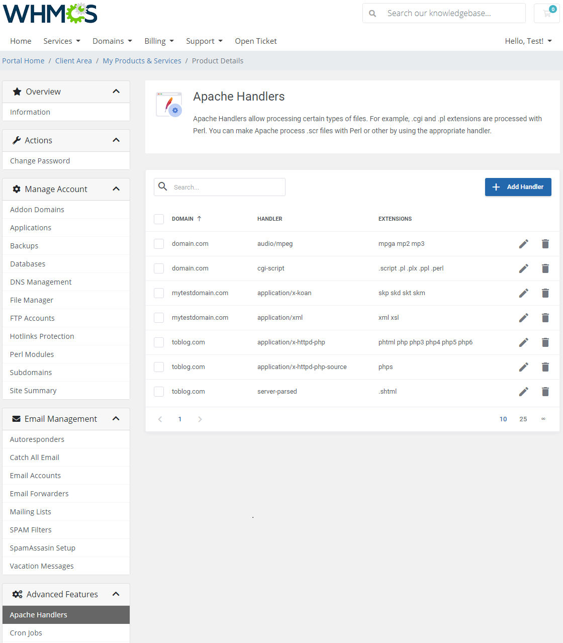 DirectAdmin Extended For WHMCS: Apache Handlers list with domain, handler and extensions columns and Add Handler button