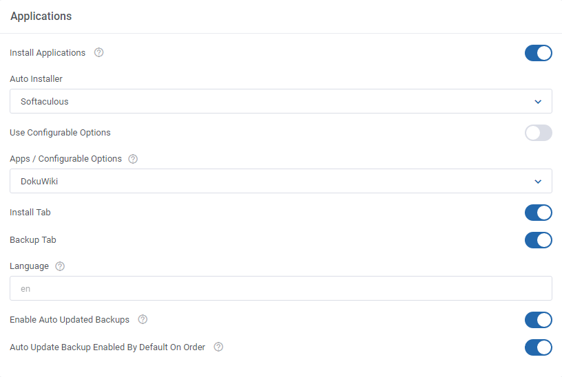 DirectAdmin Extended For WHMCS: Applications module settings with Install Tab and Backup Tab switches enabled