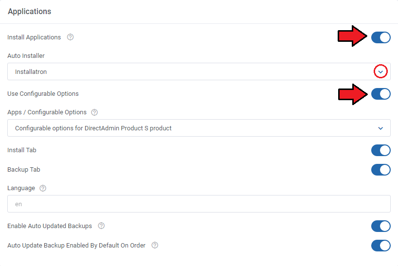 DirectAdmin Extended For WHMCS: Applications settings with Installatron and Use Configurable Options enabled