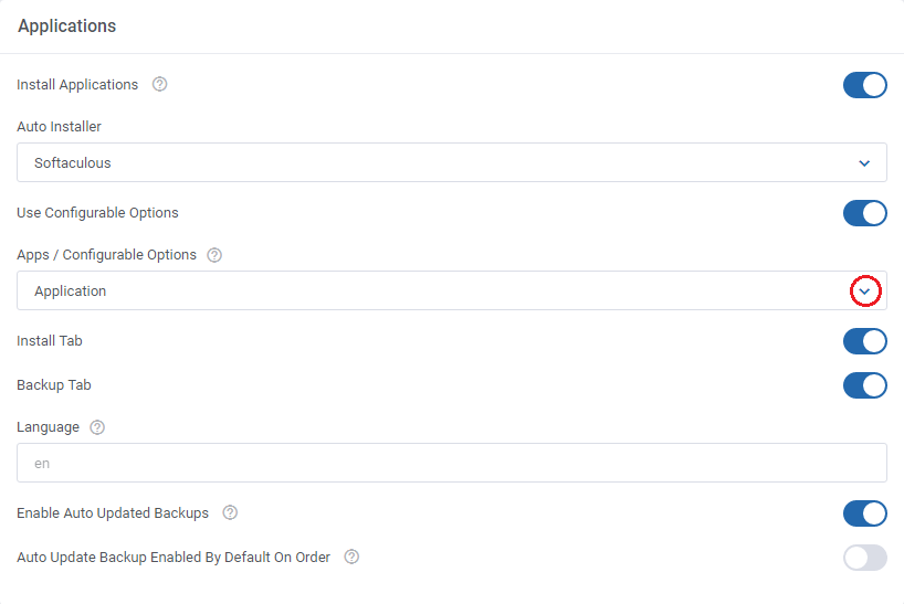 DirectAdmin Extended For WHMCS: Applications settings with Use Configurable Options and the Application group