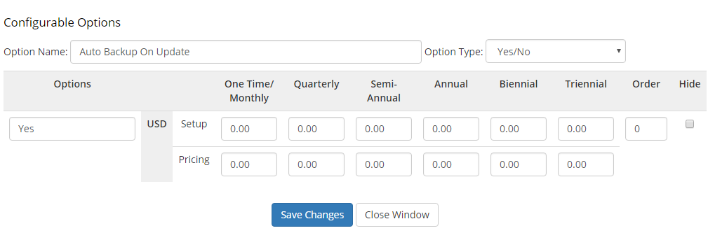 DirectAdmin Extended For WHMCS: WHMCS Configurable Options window with the Auto Backup On Update option of type Yes/No