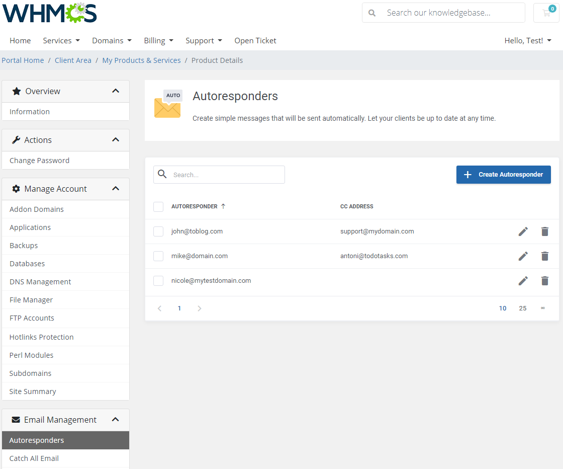 DirectAdmin Extended For WHMCS: Autoresponders list with CC address column and Create Autoresponder button in the