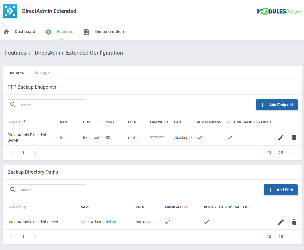 DirectAdmin Extended For WHMCS: Backups tab with FTP Backup Endpoints and Backup Directory Paths tables