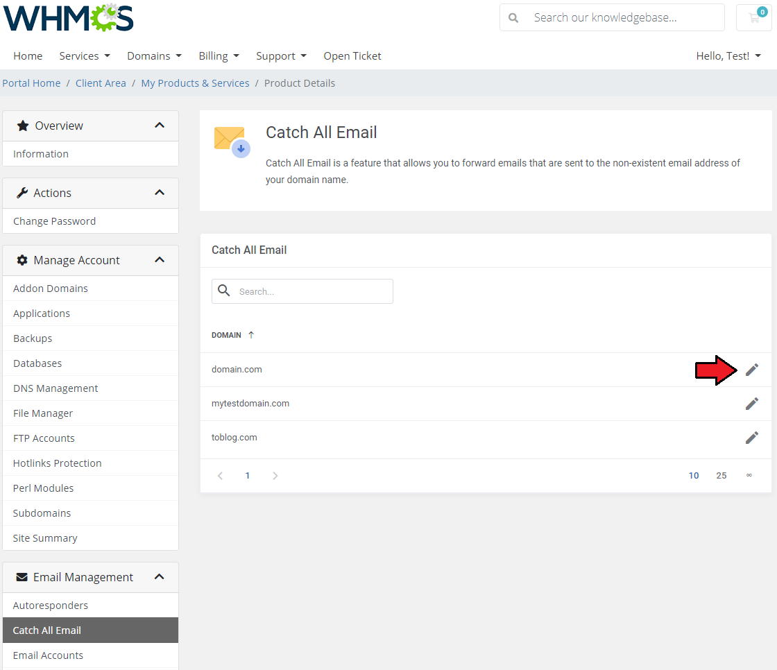 DirectAdmin Extended For WHMCS: Catch All Email domain list with the Edit icon marked by a red arrow in the client area