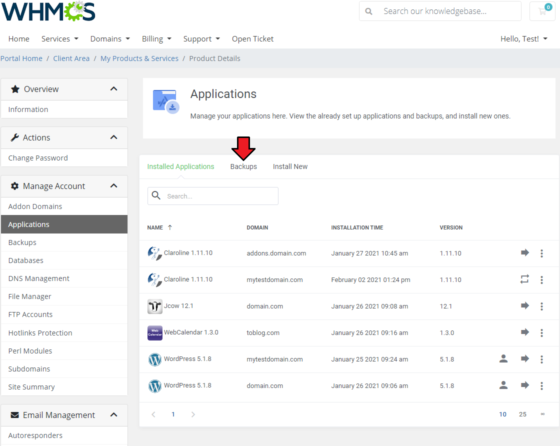 DirectAdmin Extended For WHMCS: WHMCS client area Applications page with the Backups tab highlighted by an arrow