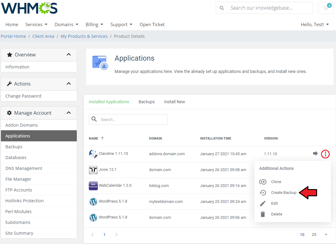 DirectAdmin Extended For WHMCS: client area Applications page with the Create Backup action menu