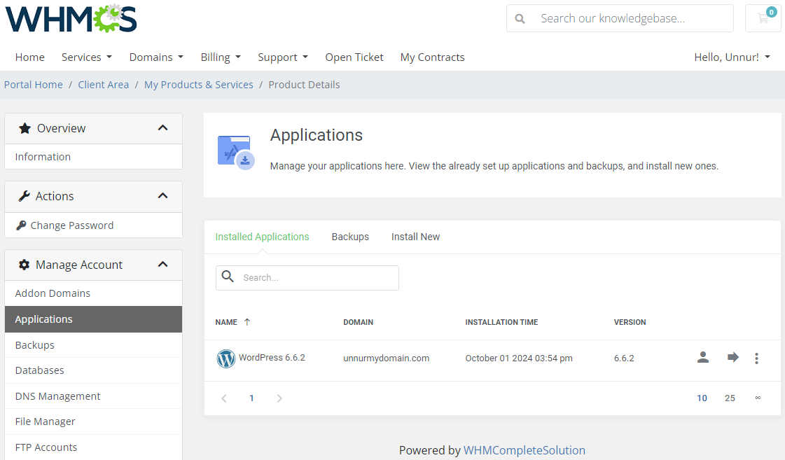 DirectAdmin Extended For WHMCS: client area Applications page with the installed WordPress application