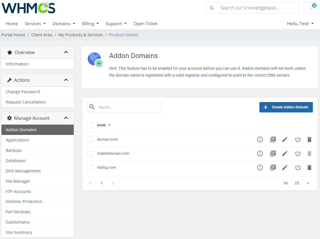 DirectAdmin Extended For WHMCS: client area Addon Domains list with action icons and Create Addon Domain