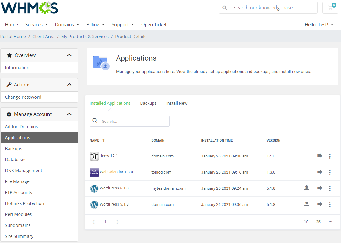 DirectAdmin Extended For WHMCS: Applications page in the client area with the Installed Applications list