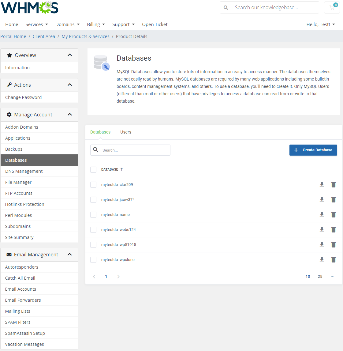 DirectAdmin Extended For WHMCS: Databases tab in the client area with the Create Database button and list