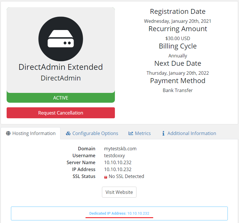DirectAdmin Extended For WHMCS: client area product details with the Dedicated IP Address shown