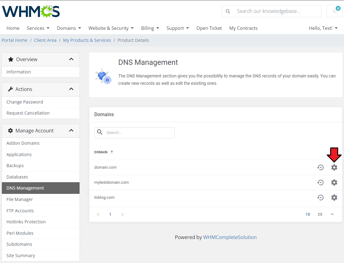 DirectAdmin Extended For WHMCS: DNS Management domains list in the client area with the settings icon marked