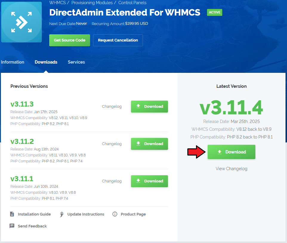 DirectAdmin Extended For WHMCS: Downloads tab in the client area with the latest version Download button