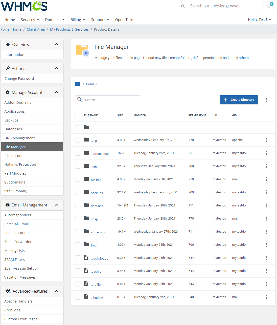 DirectAdmin Extended For WHMCS: File Manager in the client area with files and folders, sizes, dates and permissions